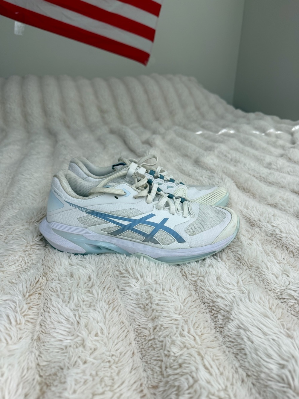 ASICS White Athletic Shoes with Light Blue Accents